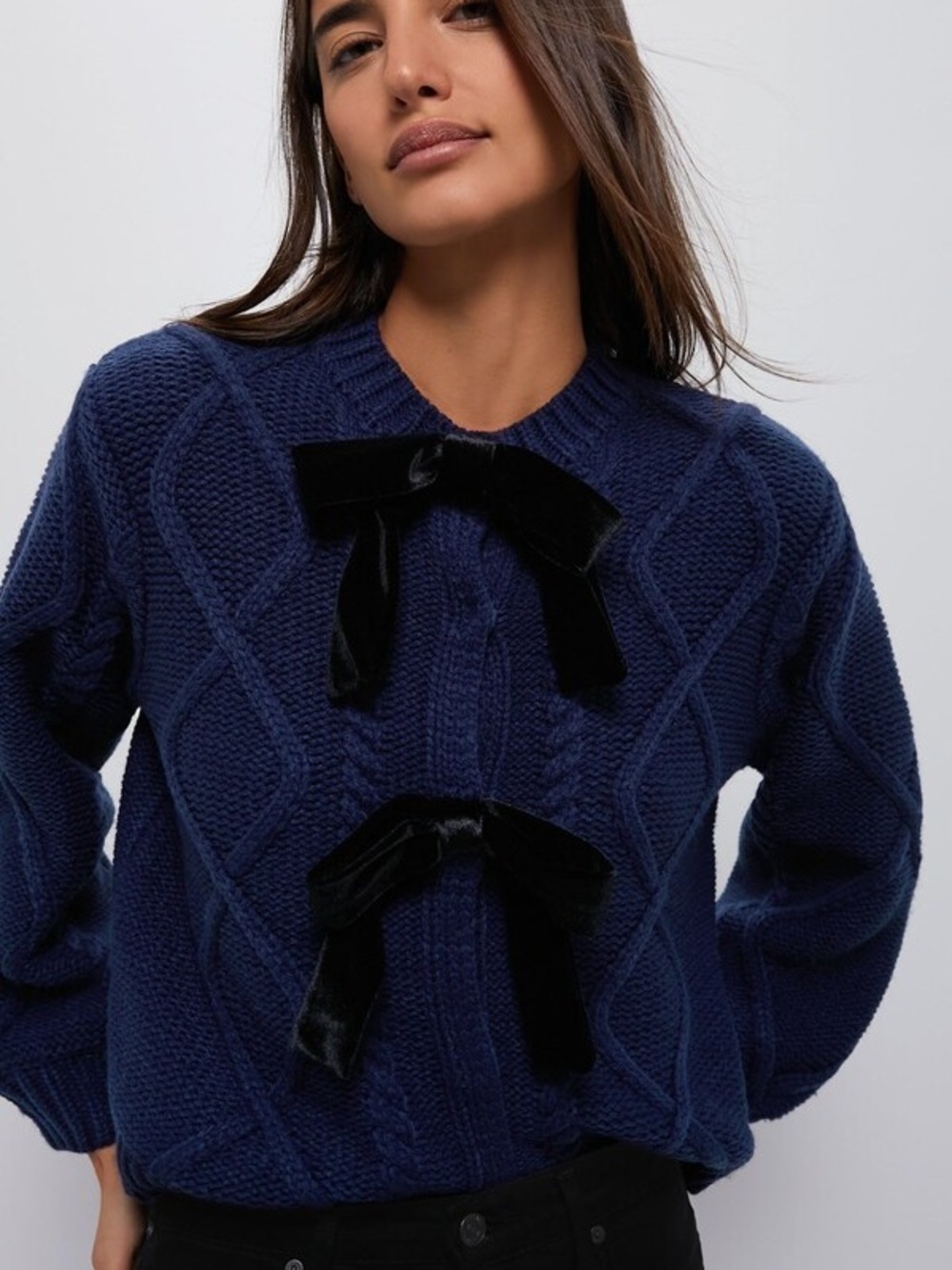 Hyacinth House Navy Bow-Front Cable Knit Sweater